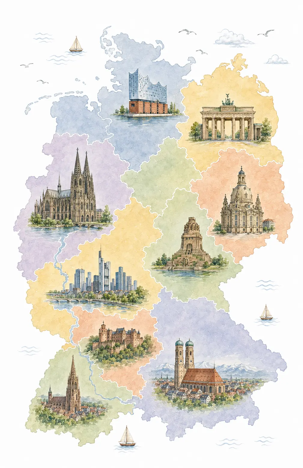 Illustrierte Deutschlandkarte mit wichtigen Universitätsstädten und Wahrzeichen